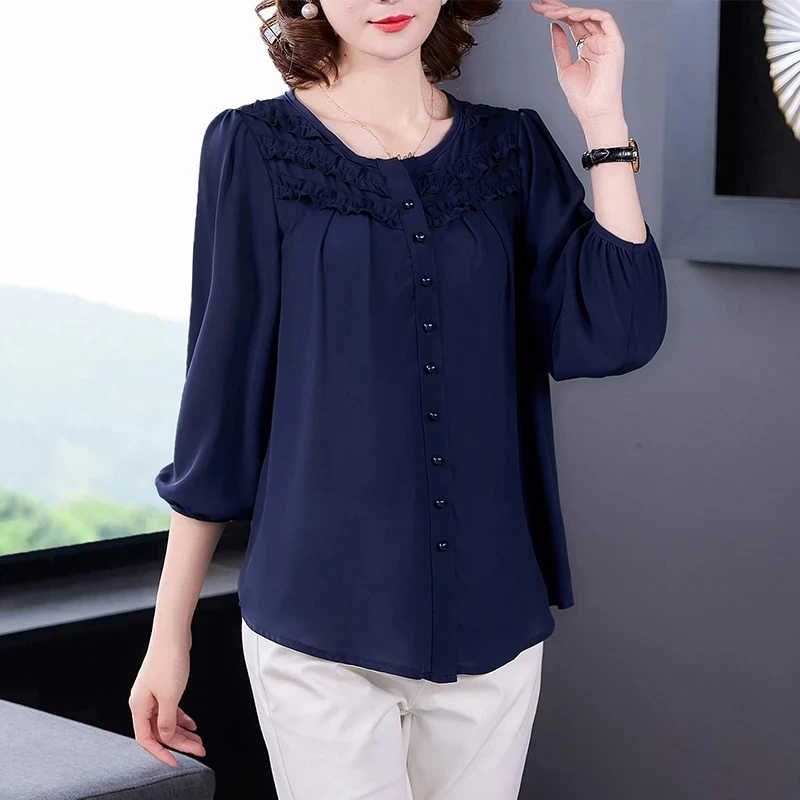 Middle Age Women Blouse Summer New  Blouse 6XL Mother Nine Sleeves Shirt Print Blusa Feminina Tops Cardigan Shirts1055
