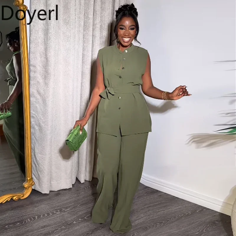 Elegant Work Wear Two Piece Set Women Sleeveless Single-breasted Top and Straight Pants Suit Matching Sets Casual Outfits Summer