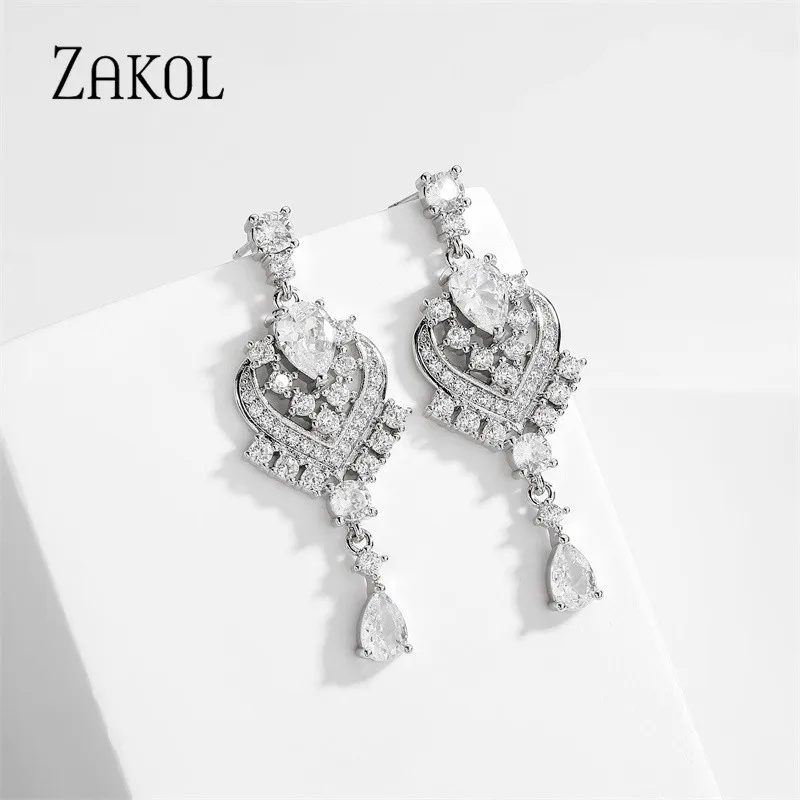 ZAKOL Fashion Water Drop Zircon Dangle Earrings Bridal Romantic Wedding Party Jewelry CZ Geometric Heart Long Earring