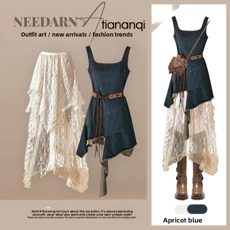 

Spring Knitted Set Women's New 2024 Vintage Denim Dr And Top Asymmetrical Two-Piece Suit Casual Chic Faion Ensemble