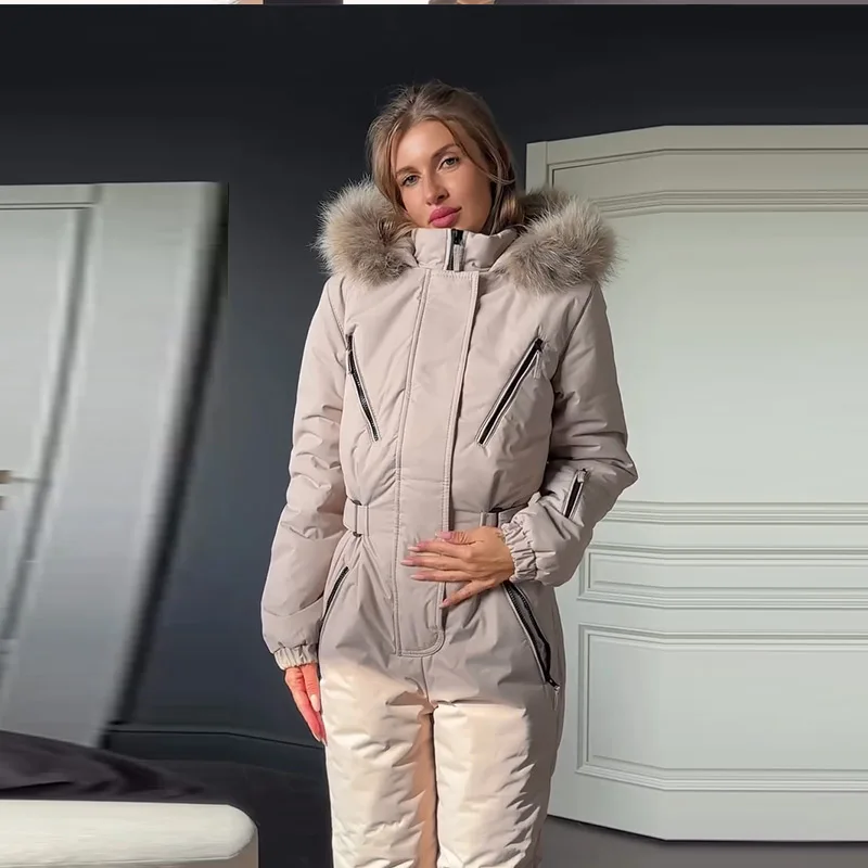 Hooded Women Ski Suit One Piece Ski Suit With Large Fur Collar Waist Cinch Ski Suit With Belt Winter Outdoor Wear 2026 2 Hooded Women Ski Suit One Piece Ski Suit With Large Fur Collar Waist Cinch Ski Suit With Belt Winter Outdoor Wear 2026 2