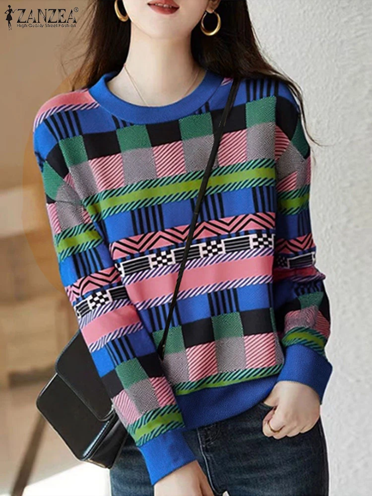 ZANZEA Korean Casual Long Sleeve Tops Women Thin Pullover 2025 Spring Colorful Plaid Print Tees Holiday Y2K T-shirts Clothes