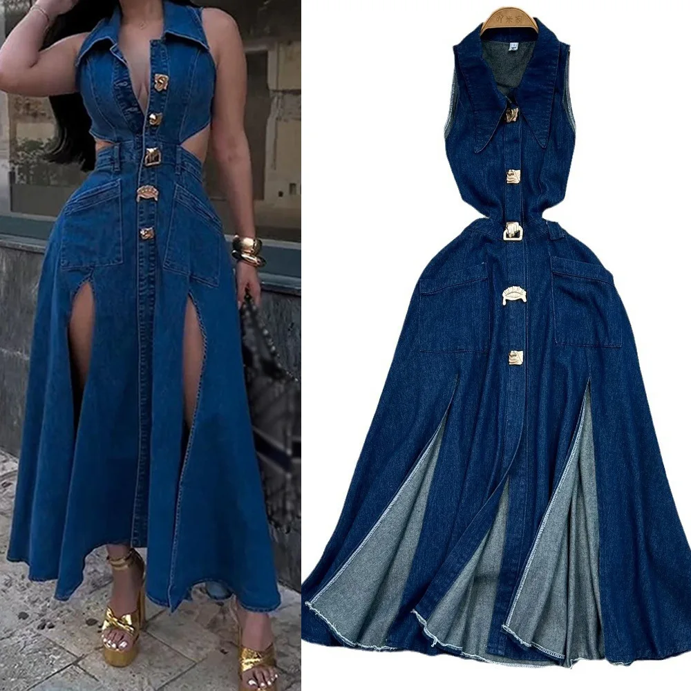 Vintage Lapel Hollow-Out Open-Waist Tight Waist Slimming Sleeveless Single-Breasted A- Line Slip Denim Dress Casual Vestidos