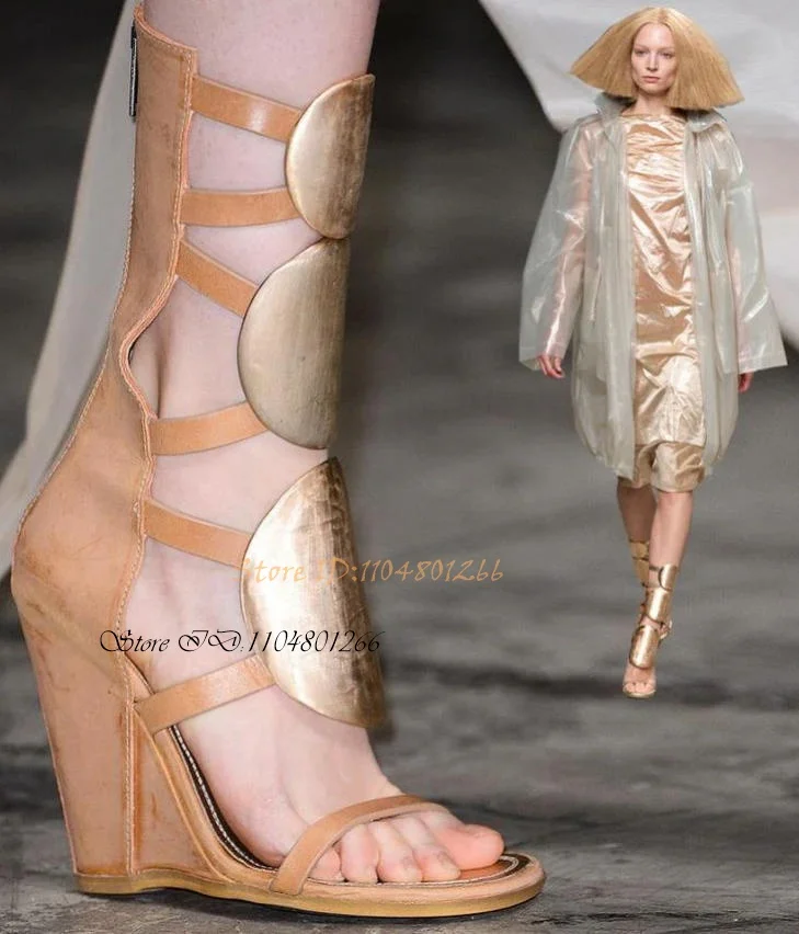 

Metallic Gold Cuff Wedges Heels Sandals Open Toe Shoes for Women Cover High Heels Back Zipper Sexy Summer Shoes