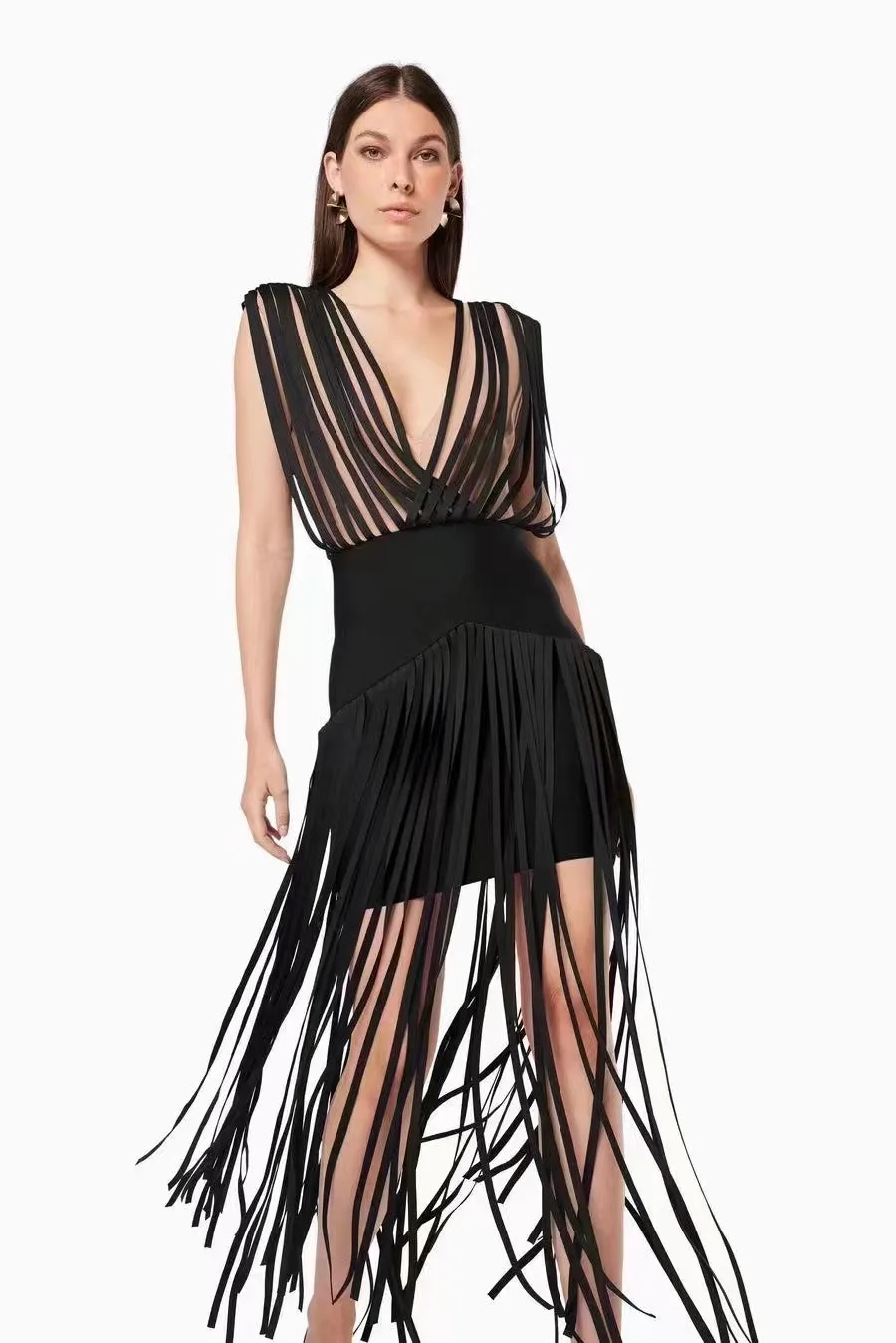 

Spring/Summer 2024 New American Trend Dinner Intellectual Celebrity Style Minority Design Fringed V-neck Elastic Dress