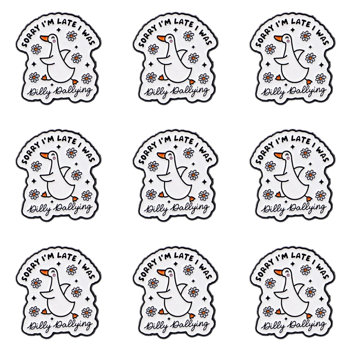 9pcs Sorry I'm Late I Was Dilly Dallying Enamel Pin Cute White Duck Brooch For Coat Collar Lapel Pins Animal Badges Jewelry Gift