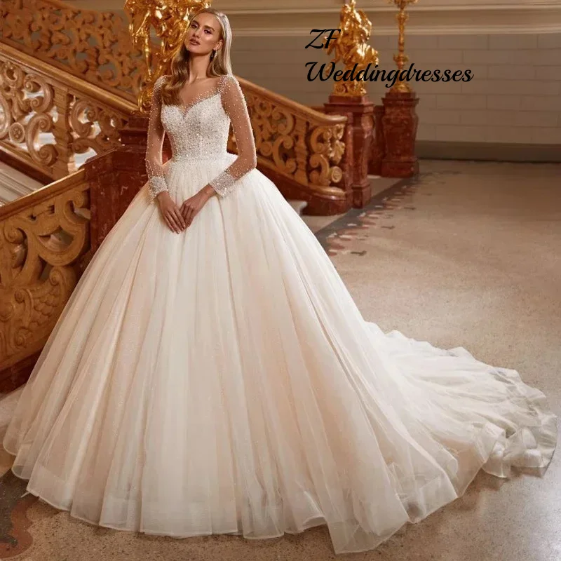 فساتين زفاف الأميرة الكريستالية المثيرة المخصصة بأكمام طويلة فستان زفاف أنيق جديد فستان حفلة فيستدوس دي