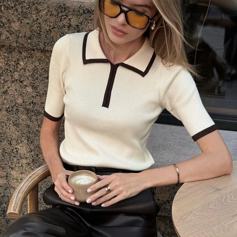 Women Summer Ribbed Polo Neck Color Block Cropped Top With Five-Quarter Sleeves Slim Fit Knitted T-shirt