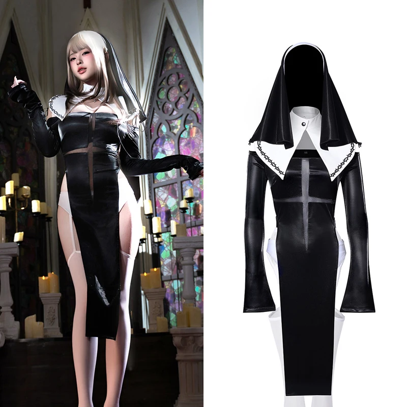 Cross Star High Split Mesh Elastic Shiny Sexy Nun Cosplay Tight Black Suit