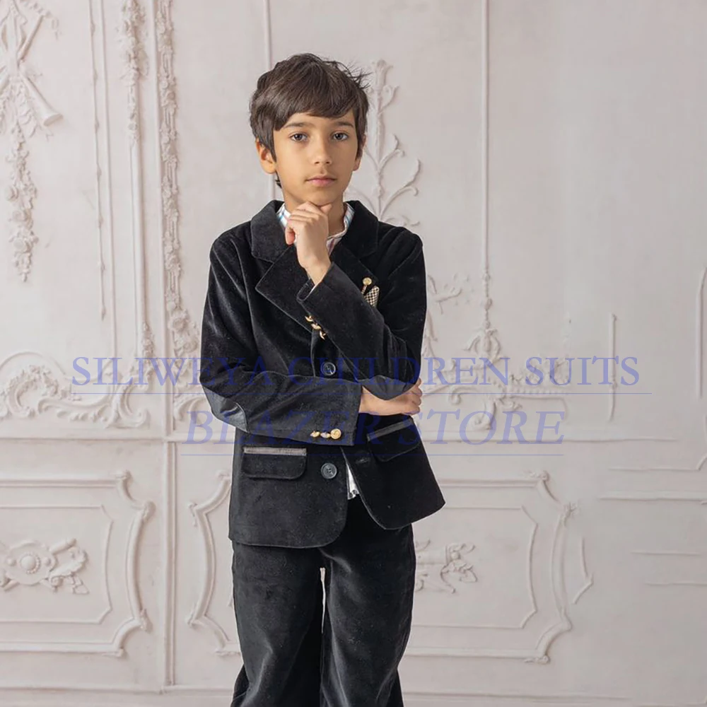 

Black Velvet Children Clothing Fashion Single Breasted Notch Lapel Slim Fit 2 Piece Jacket Pants Full Sets Customzied Boy's Suit