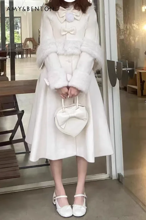 

Autumn Winter New Hot Sale French Style Versatile Women's Cape Off-White Mid-Length Turn-Down Collar Waist-Cinching Woolen Coat