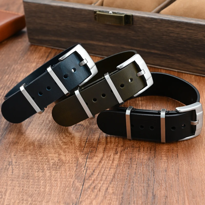 20mm 22mm Leather Retro Nato Needle Buckle Bracelet Brown Black Blue Red  Comfortable Watchband Watch Replacement Accessories