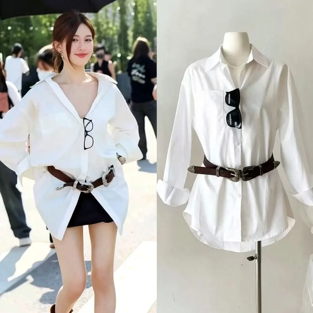 Casual White Shirt Dress Women Irregular Collar Long Sleeve Belted Slim Fit Elegant Office Lady Party Chic Style