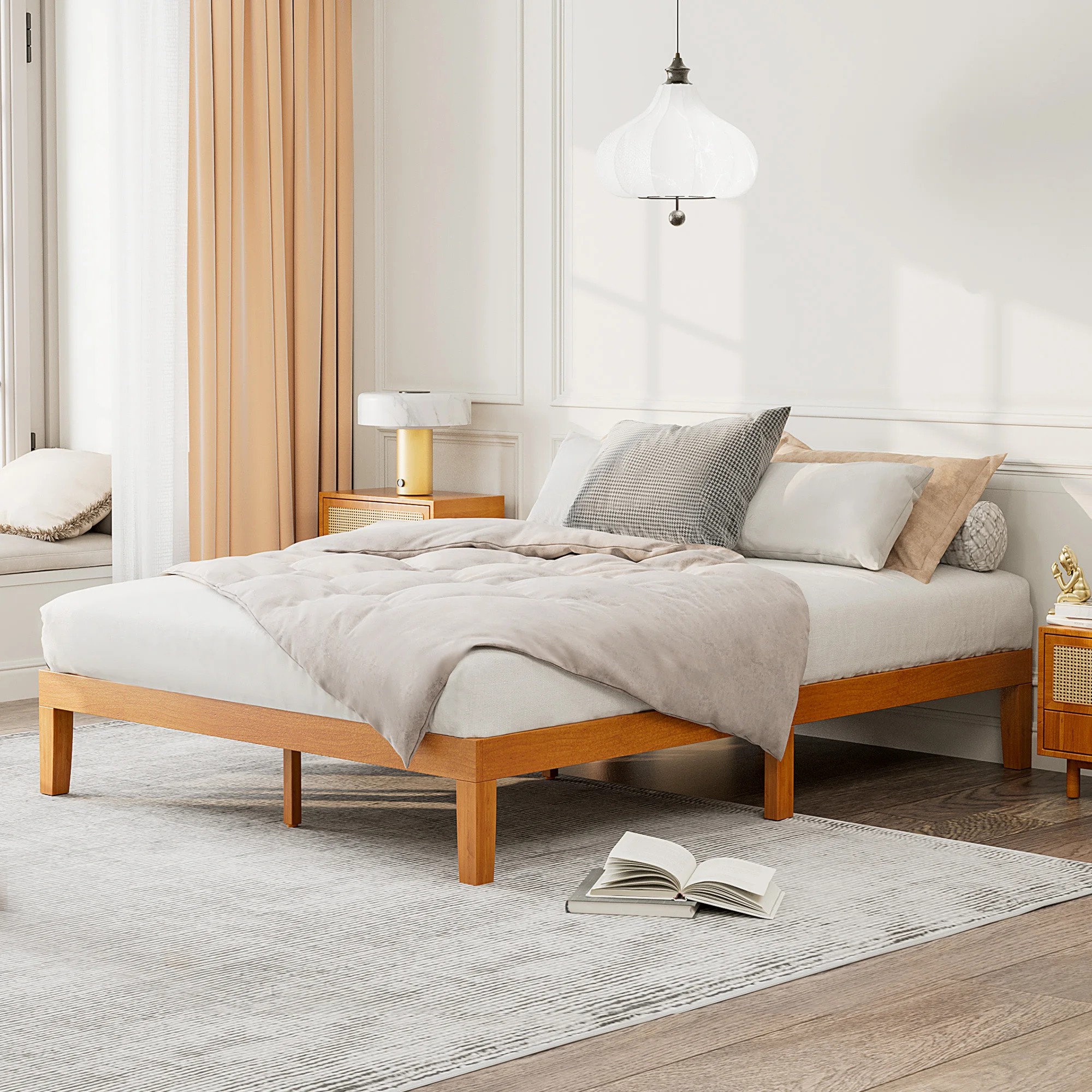 

JHK All Size Solid Wood Bed Frame with Sturdy Wood Slat Support No Box Spring Needed Easy Assembly Eco-Friendly For Living Room