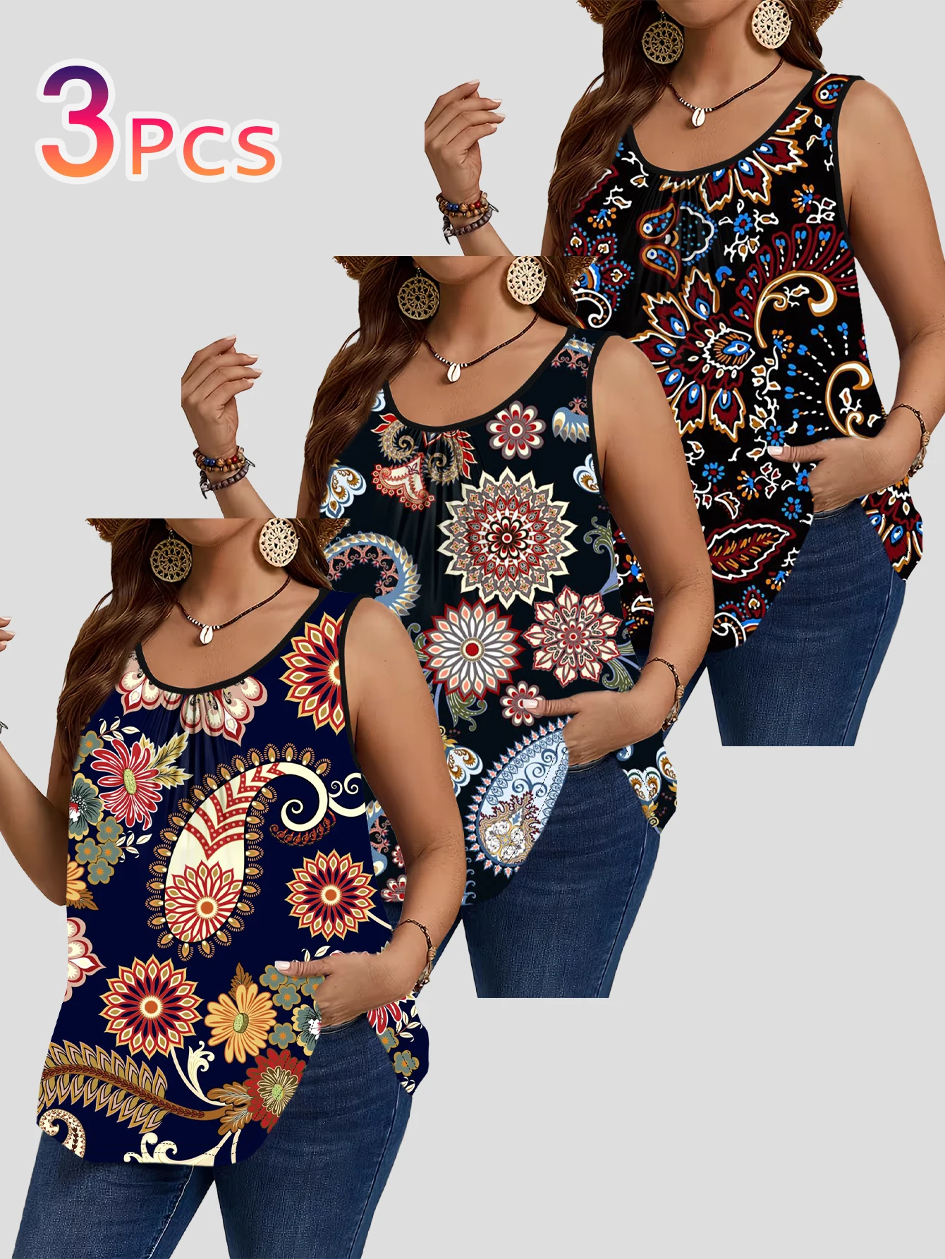 3-Piece Set of Plus-Size Women's Vests with Mandala Sunflower Paisley Retro Print Loose Sleeveless Tops