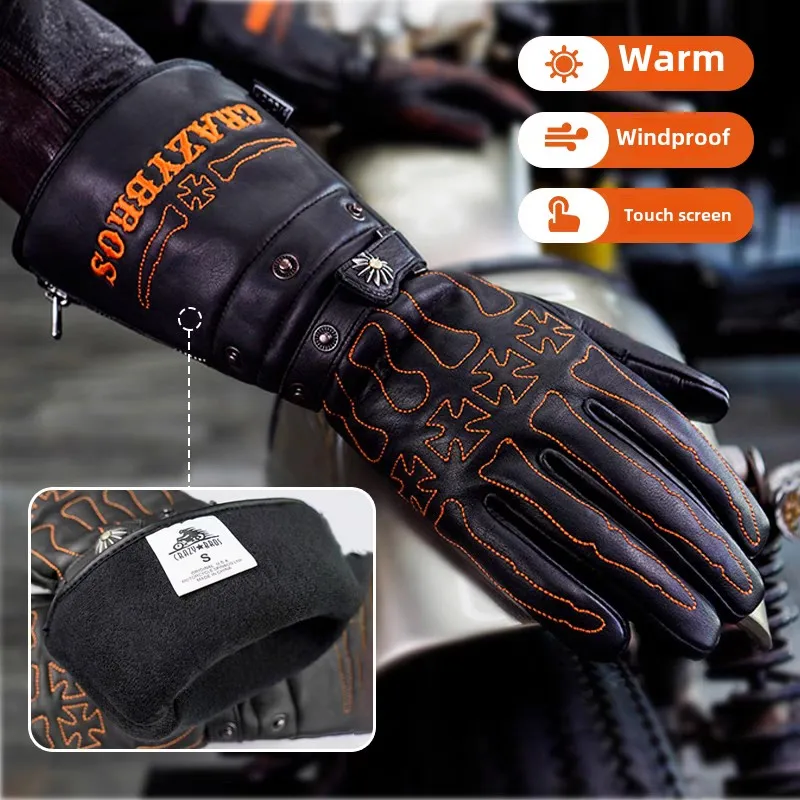 Winter Warm Motorcycle Gloves for Harley Leather Waterproof Driving Gloves Retro Motorcycle Extended Touch Screen Gloves Guantes