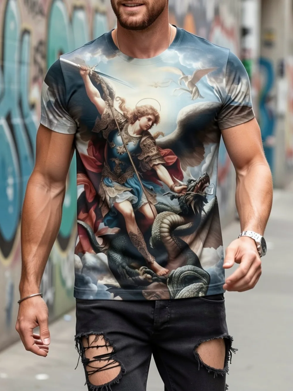 Men Mythology Angel Vs Dragon 3D Print T‑Shirt Vintage Renaissance Oil Painting Tee Cool Religious Art Casual Short SleeveShirts