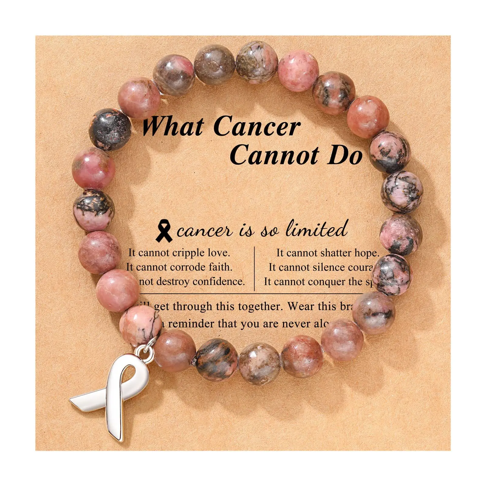 Breast Cancer Awareness Natural Stones Crystal Bracelet with Message Card Valentine\'s Day Jewellery Gifts Rose Quartz - Pink