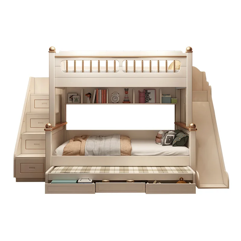 Modern Design Multifunctional Cream Color Bunk Bed Set for Kids Mother and Child Bedroom Furniture with Slide