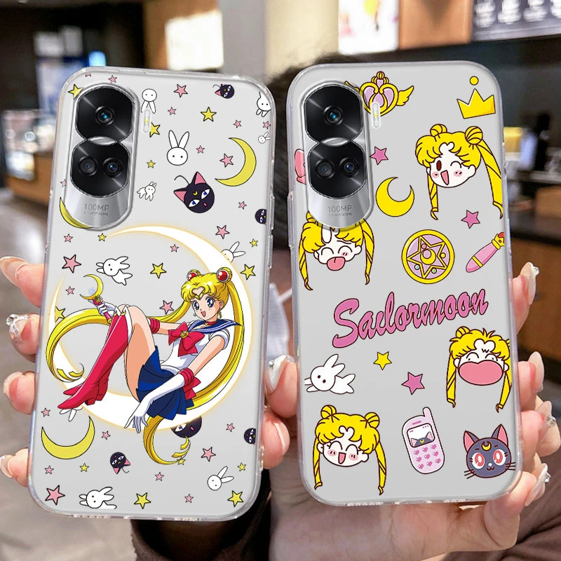 Capas de telefone transparentes para Honor 90 Lite, marinheiros, luas, coelho, menina, gato, anime, impresso, transparente, silicone