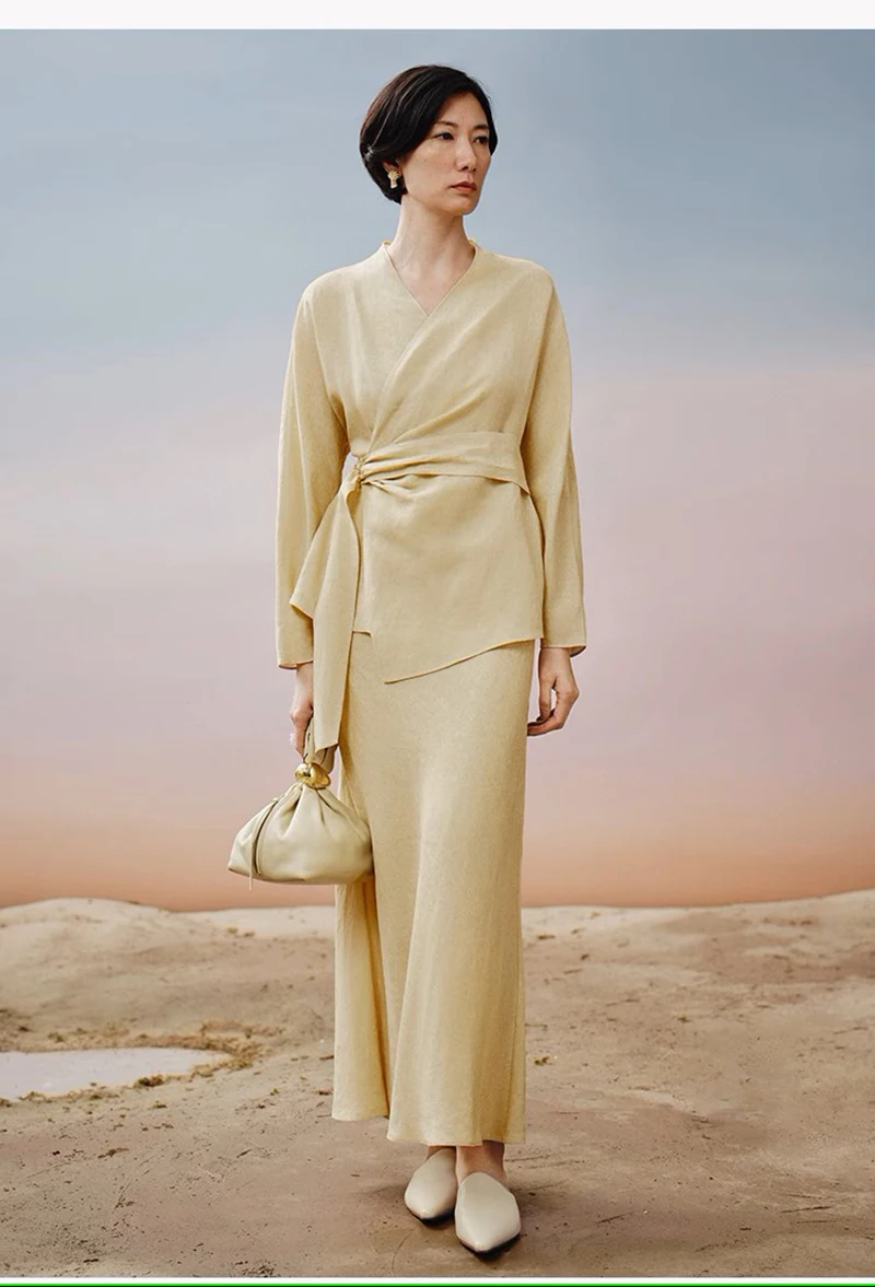 Abito da donna in lino naturale al 100% Top e gonna con lacci color kaki 2 pezzi Elegante nobile Business Casual Abbigliamento di lusso leggero