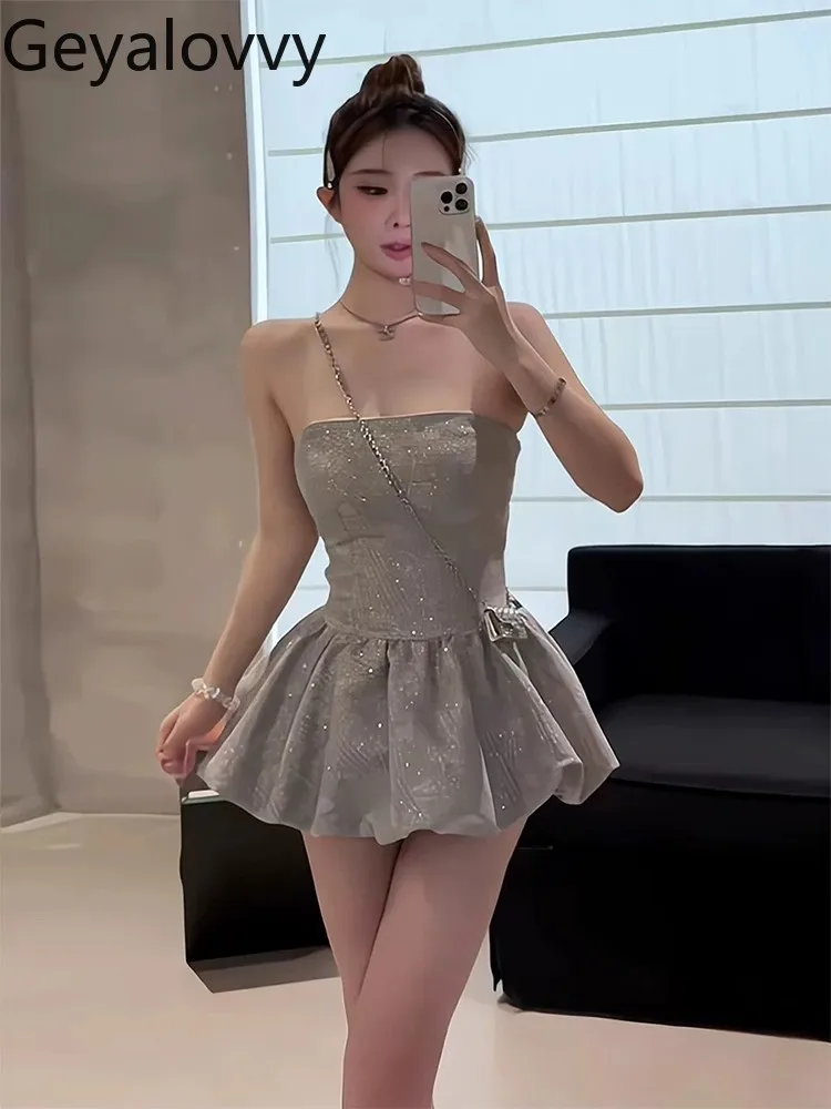 

Летнее сексуальное мини-платье Pure Desire с блестками и высокой талией без бретелек, милый женский комплект элитной пышной короткой юбки с бутоном цветка