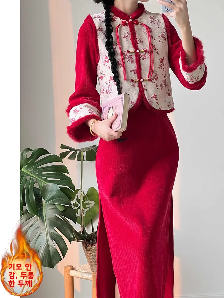 レトロレッドの温かさ、新中華風スレ、冬の新作、裏地付きデイリーウェアベストセット、新年の会