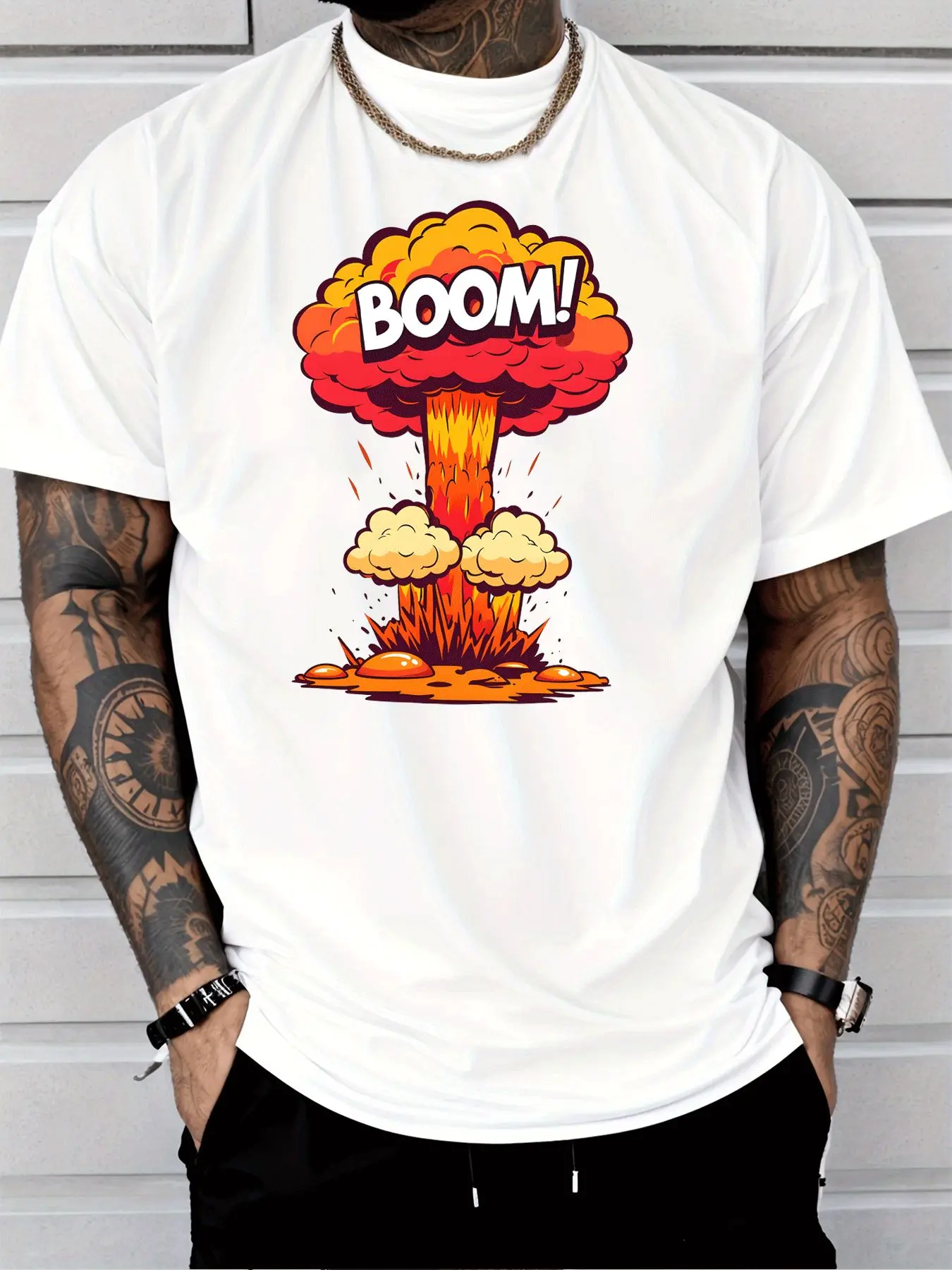 Men Black Crew Neck Tee Bold Cartoon Mushroom Cloud Explosion Boom Text Retro Comic Blast Graphic Street Casual Cotton Tops