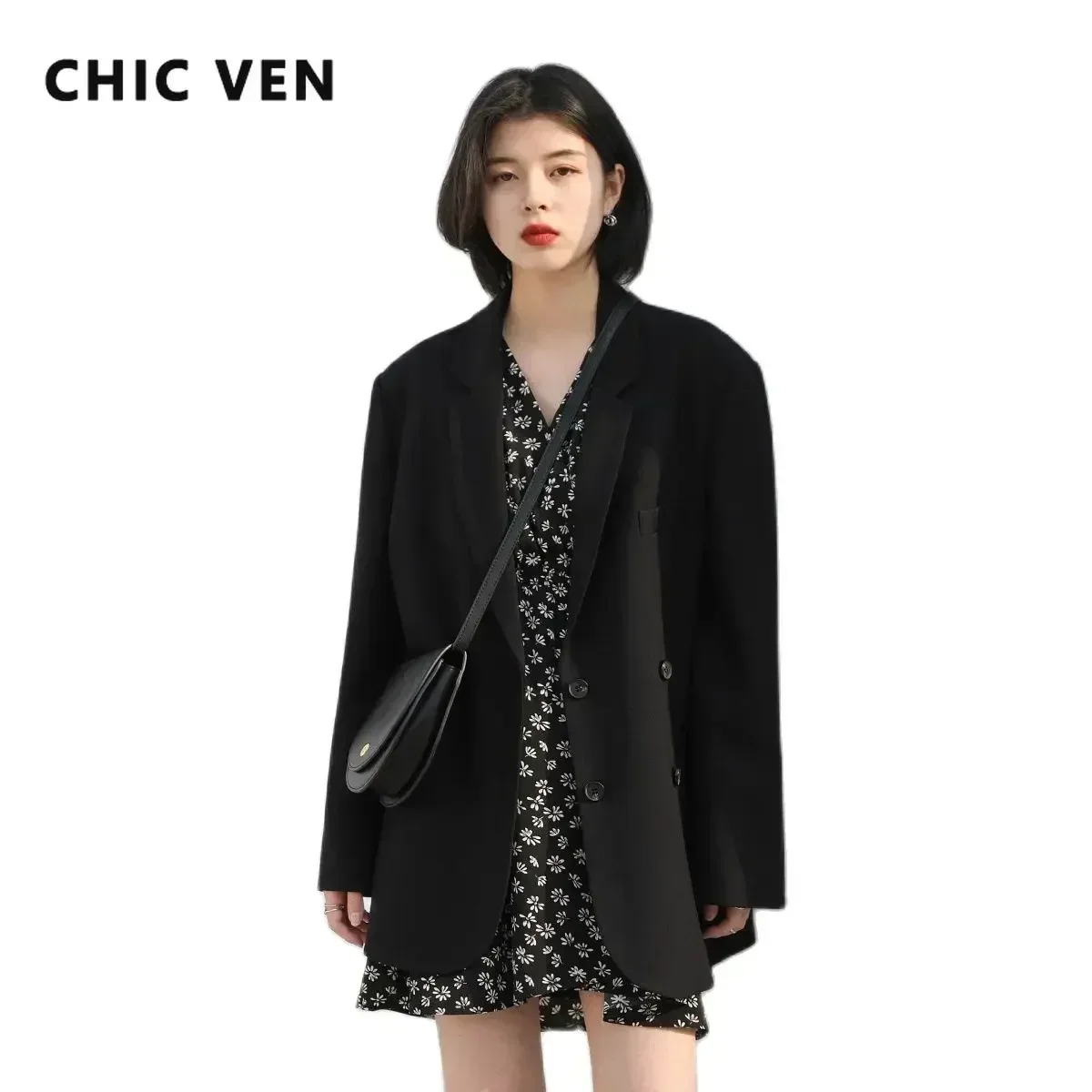 CHIC VEN 2021 Fashion Women\'s Blazer Office Lady Long Sleeve Double-breasted Mid-length Casual Coat Ladies Outerwear Stylish Top