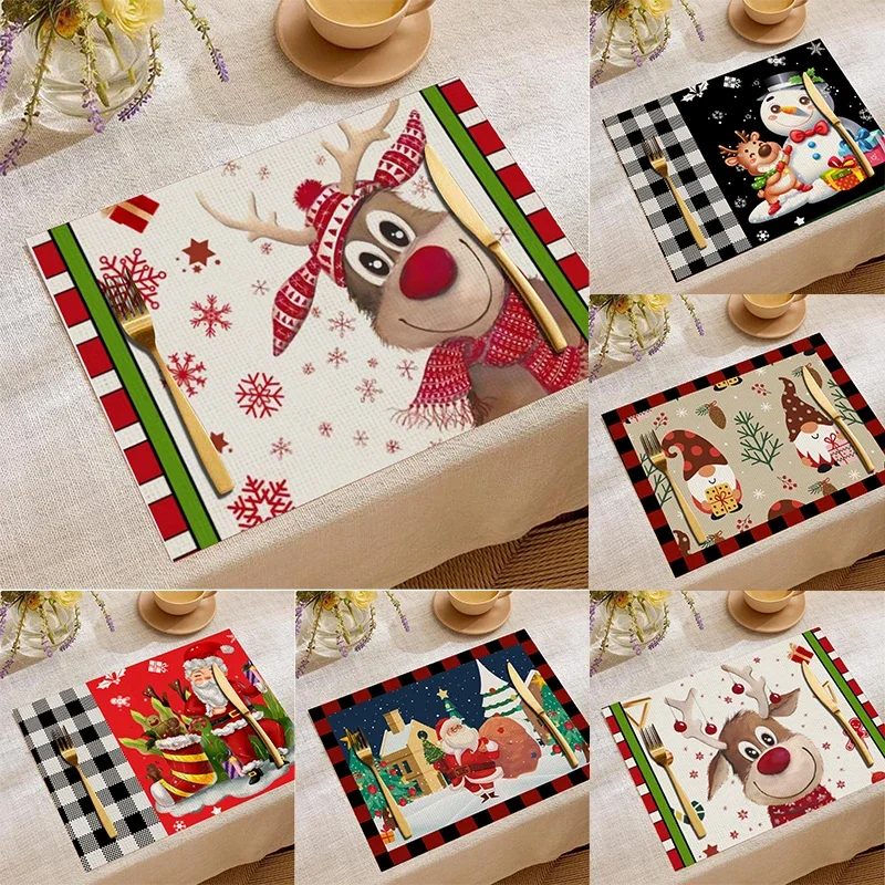 Christmas Cartoon Elk Santa Claus Printed Linen Placemat Western Restaurant Heat-Resistant Multiple Options Table Cloth