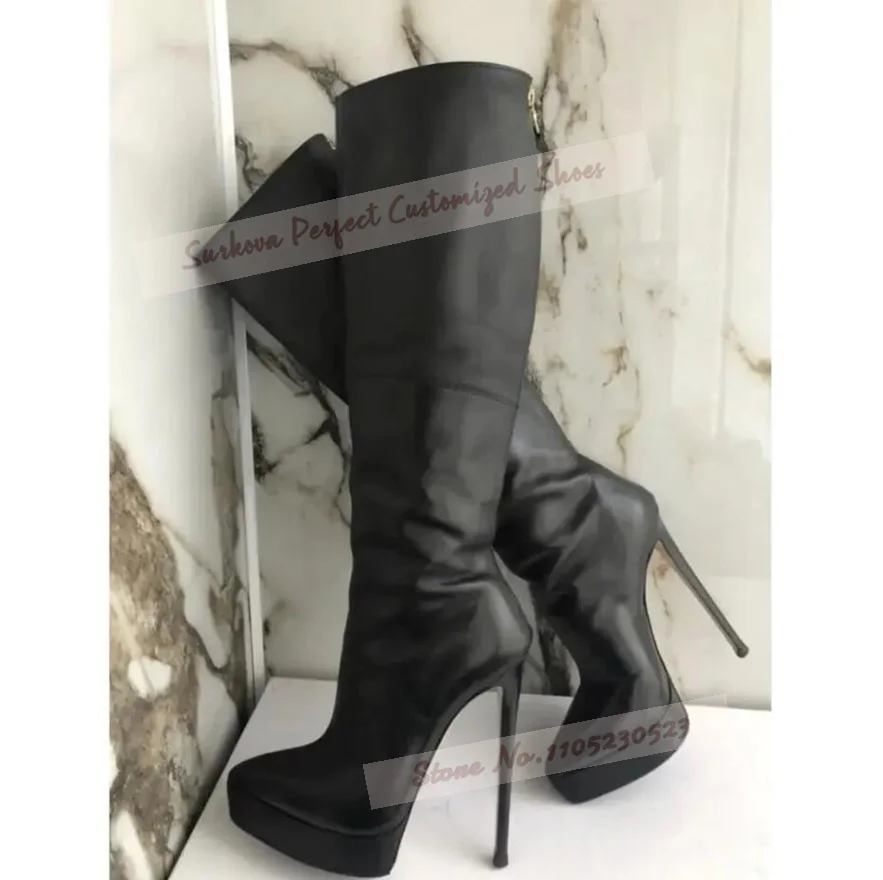 Schwarze, matte Leder-Plateau-Kniestiefel mit spitzer Zehenpartie, Stiletto-Absätze, hohe Stiefel mit Reißverschluss hinten, elegante Slim-Fit-Herbst-Winter-Schuhe