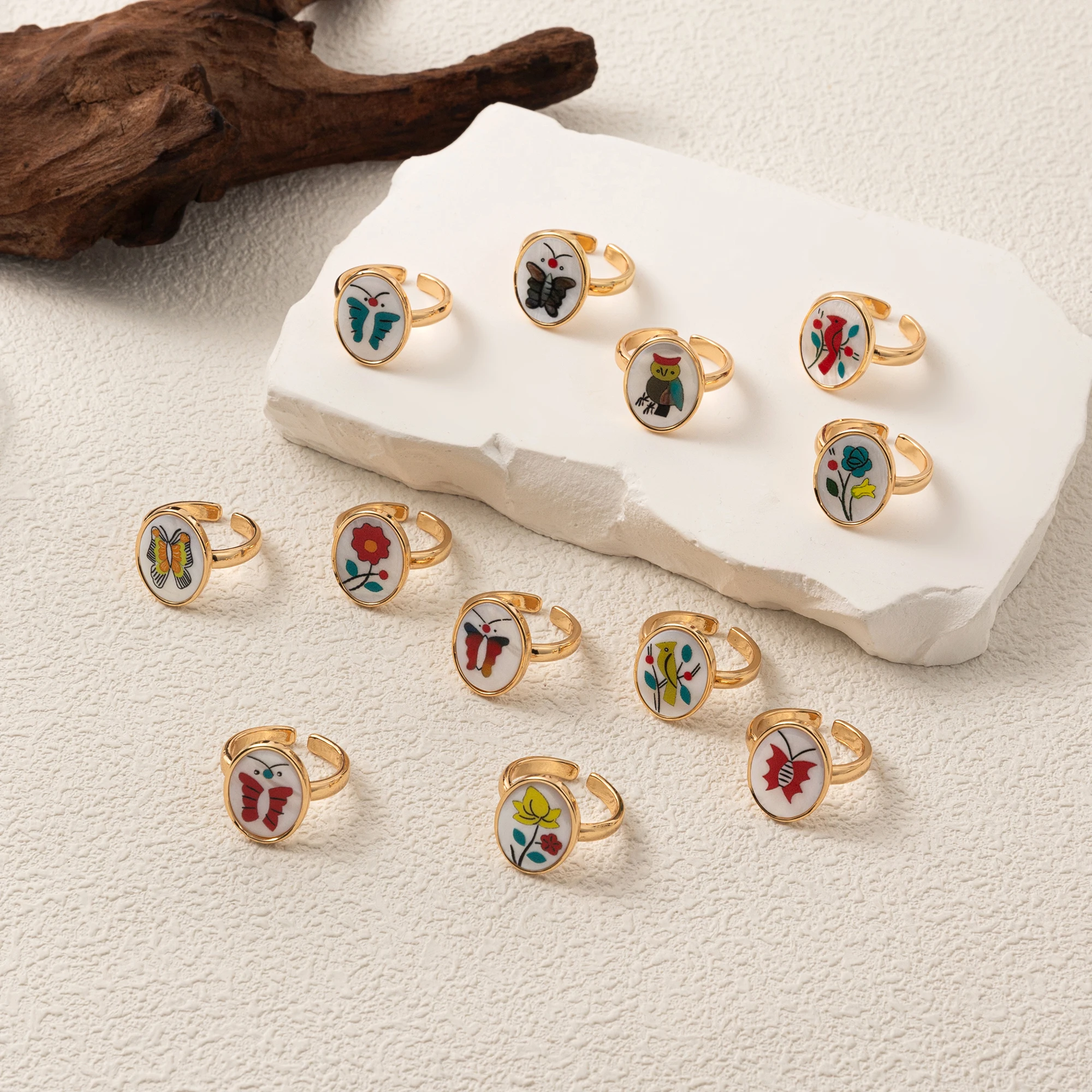 

Minimalist style flower bird butterfly cute colorful open ring color printing adjustable opening ring