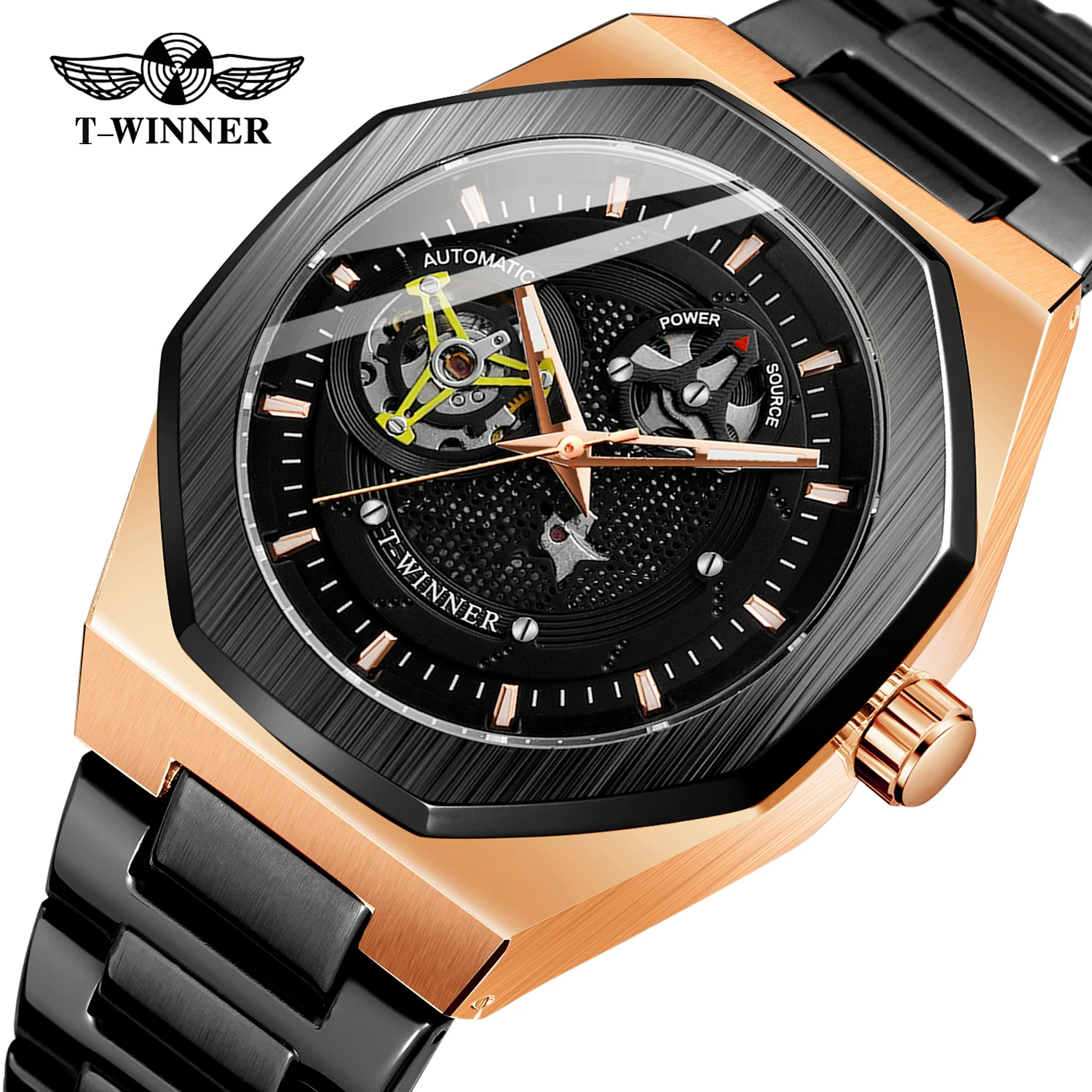 

Winner Brand Automatic Mechanical Black Rose Gold Men's Watch Skeleton Stainless Steel Strap Steampunk Business Big Metal Case