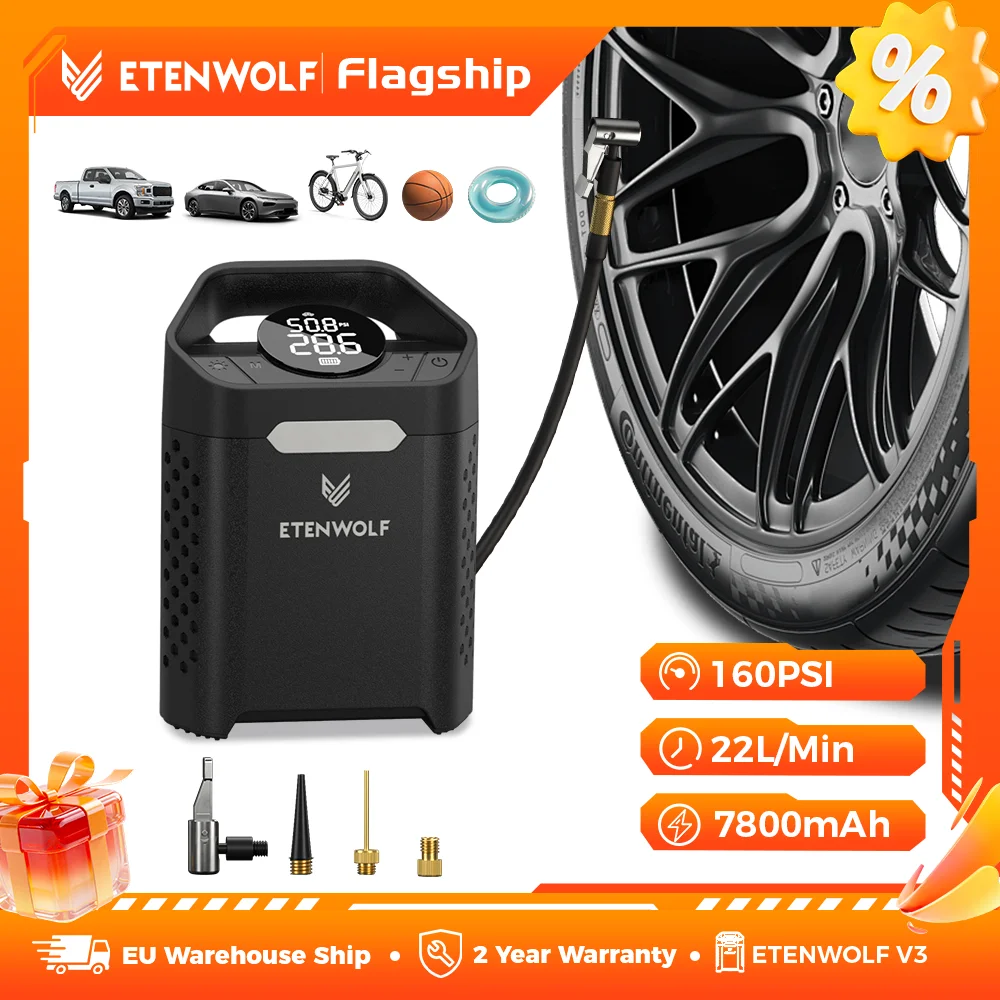 ETENWOLF V3 Auto-Reifenfüller Luftkompressor 100% Betriebszyklus 7800mAh Tragbare Luftpumpe mit LED-Licht für Autos und Motorräder