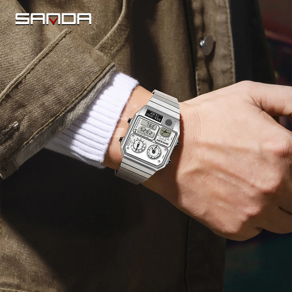SANDA 3192 مصنع ساعة يد رجالي LED كرونوغراف إلكتروني مربع عادية متعددة الوظائف ميزان الحرارة ساعة توقيت ساعة رجالي #6