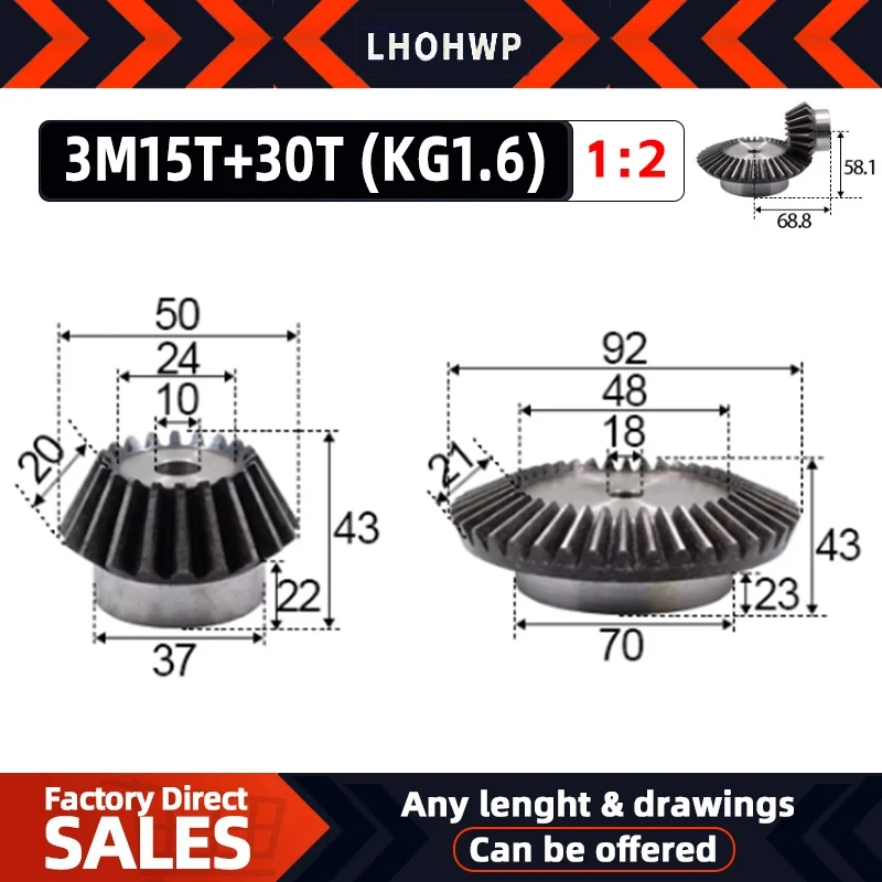 2pcs 1:2 Bevel Gear 3 Modulus 15Teeth +30Teeth Inner Hole 18mm 90 Degree Drive Commutation Steel Gears Steel Gears Screw M5