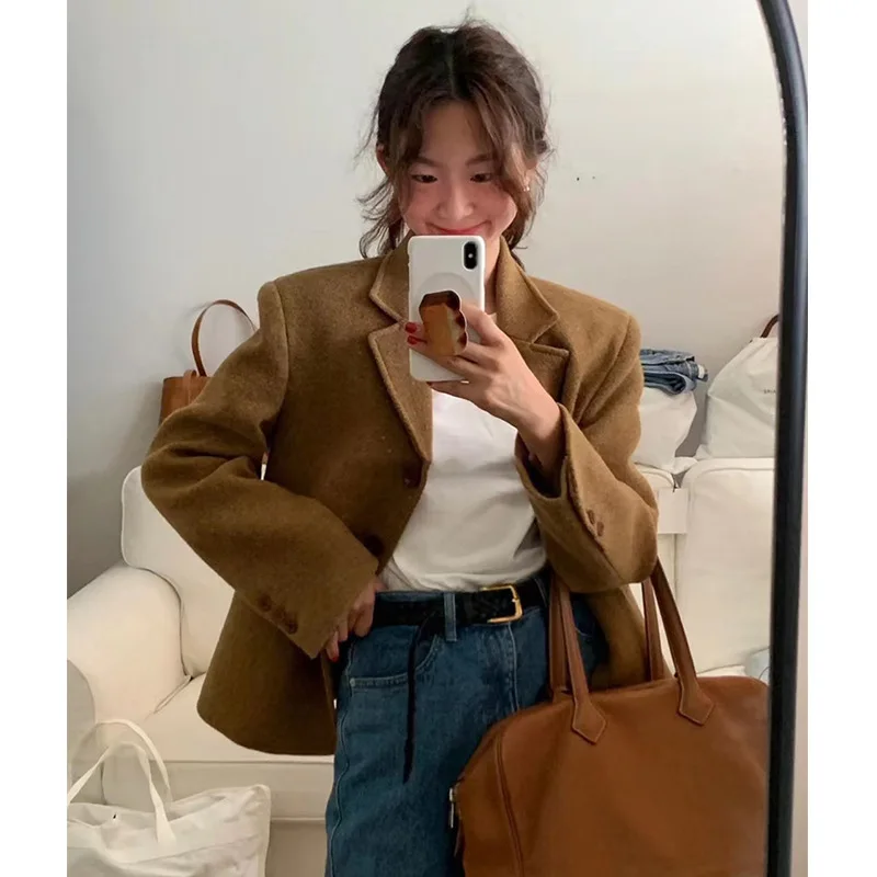 Shpmishal Fashionable Retro Collar Loose Casual Woolen Suit 2025 Spring and Autumn Brown Short Jacket Female Clothing