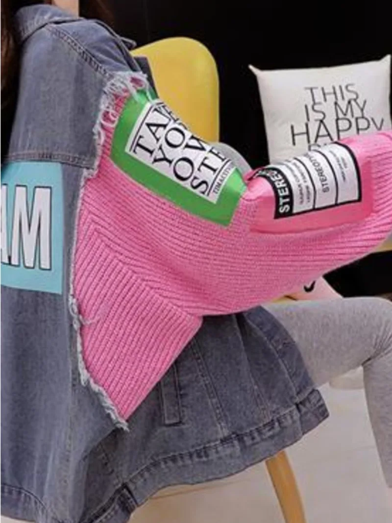 Harajuku Jeans Sweater Jacket Women Fashion Patchwork Letters Denim Cardigans Jersey Cardigan Korean Clothes Outerwear 2023