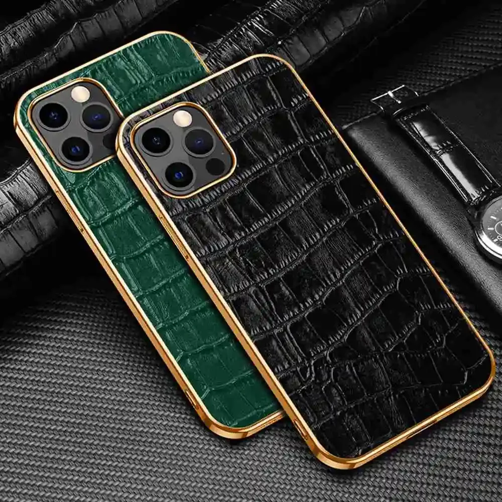 

Croc Pattern Cow Leather Case For iPhone 14 12 11 13 Pro MAX Plus Mini X XR XS Max Case Luxury Genuine Leather Cover