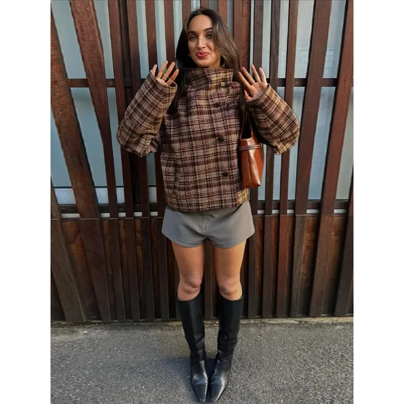 

Street Plaid Loose Women Jacket Stand Collar Long Sleeve Slant Opening Single Breasted Coat Fashion Autumn Winter OfficeLady Top