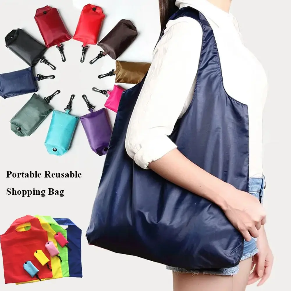 Portable Reusable Shopping Bag Oxford Washed Solid Color Grocery Purse Foldable Waterproof ripstop Shoulder Handbag