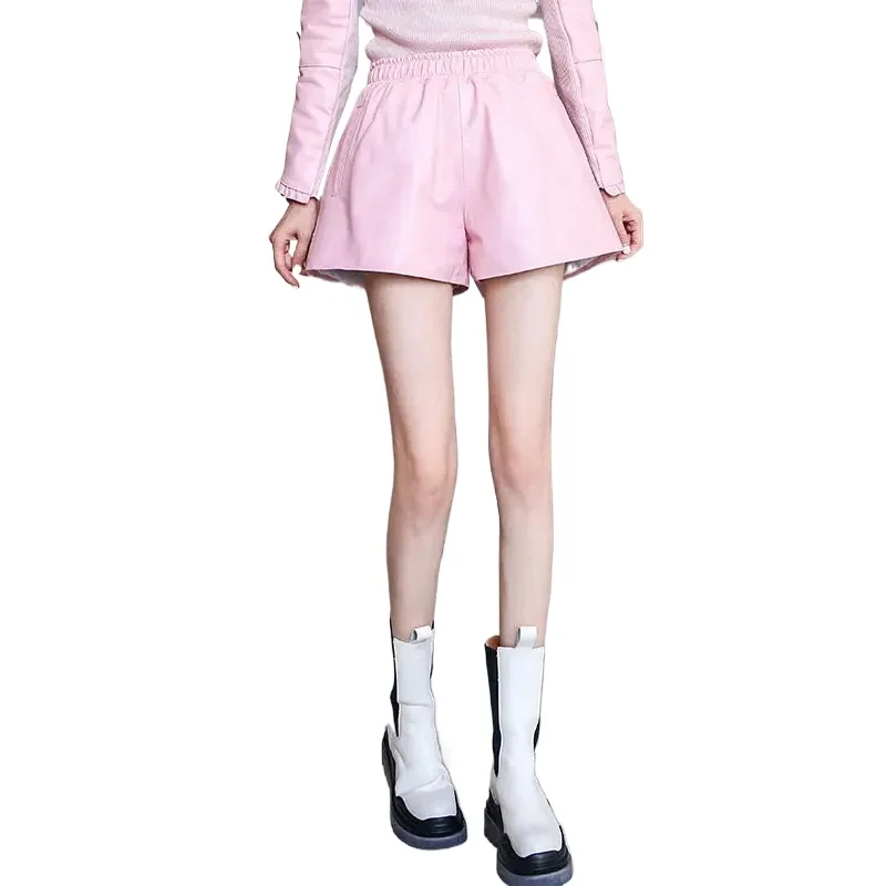

Genuine Leather Shorts for Women 2024 Summer Sheepskin Short Pants Women Wide Leg Short Korean Style Women Shorts Streetwear SGG