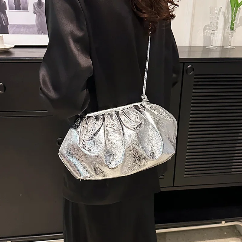 Gold Silver Color Women\'s Pleated Crossbody Bag Ruched Design Wedding Party Christmas Valentine\'s Day Clutches Cloud Bag Female