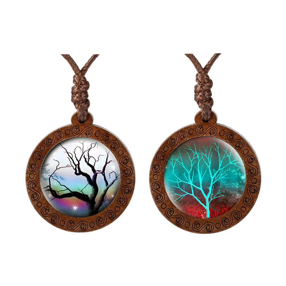 Stammbaum wie des Lebens Kuppel Glas Cabochon Holz Anhänger Halskette für Frauen Männer Schmuck Geschenk mit verstellbaren Wachs Seil Kette – Detail 1