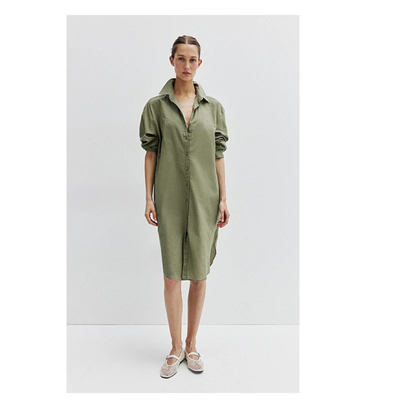 High-end Linen Spring and Summer Women's Long-sleeved Dress Temperament Simple Shirt-style Skirt Outdoor Travel Casual Clothing