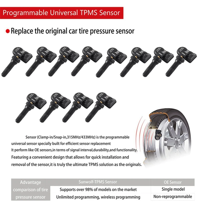 12Pcs MX Sensor Programmable For Autel TS408 TS508 ITS600 315MHZ+433Mhz 2 In 1 TPMS Tire Pressure Sensor Monitor System