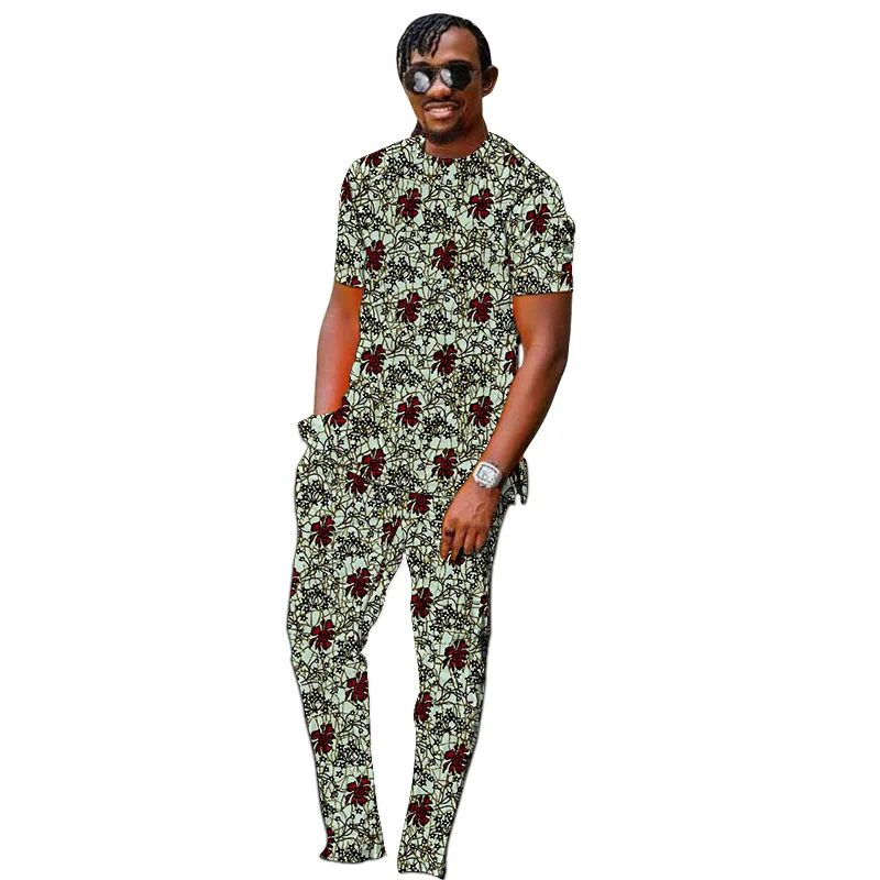 

Tailor Made Men's Short Sleeve Tops+Colorful Print Trousers African Garment Male Pant Suits Custom Dance Party Wear