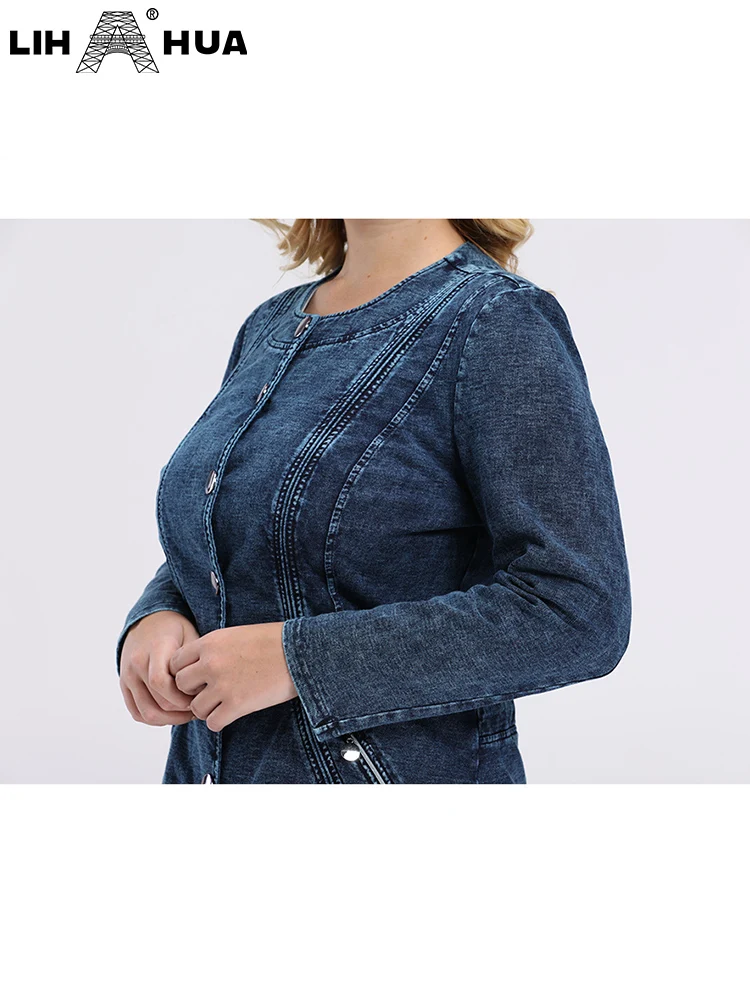 LIH HUA feminino plus size denim jaqueta outono alta elasticidade algodão malha manga longa casual moda jaqueta