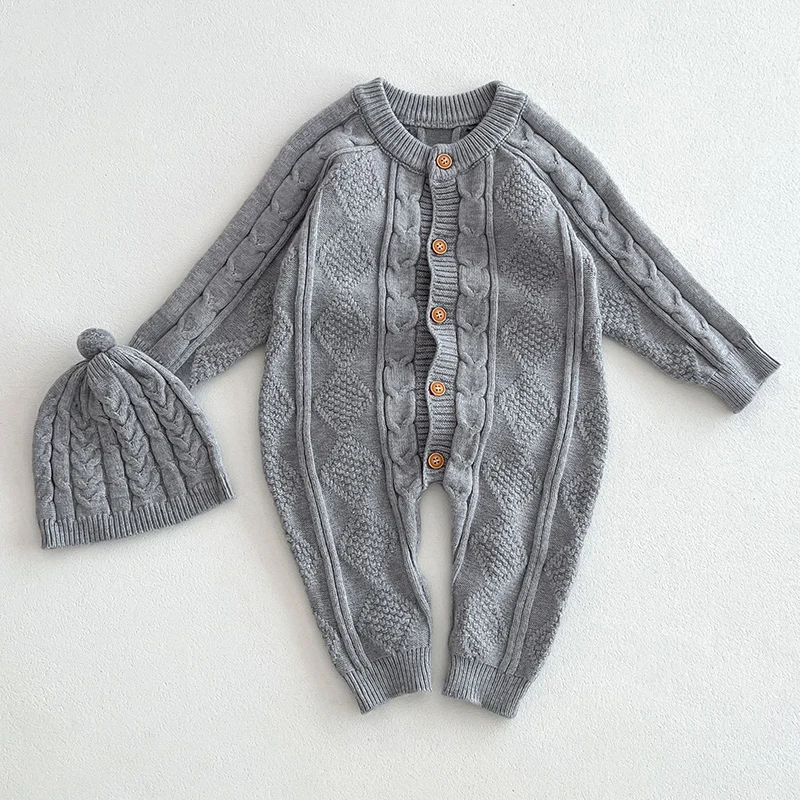 2024 New Autumn Baby Clothing Infant Baby Girls Boys Knitted Jumpsuit Long Sleeved Solid Color Toddler Baby Knitted Romper+Hat