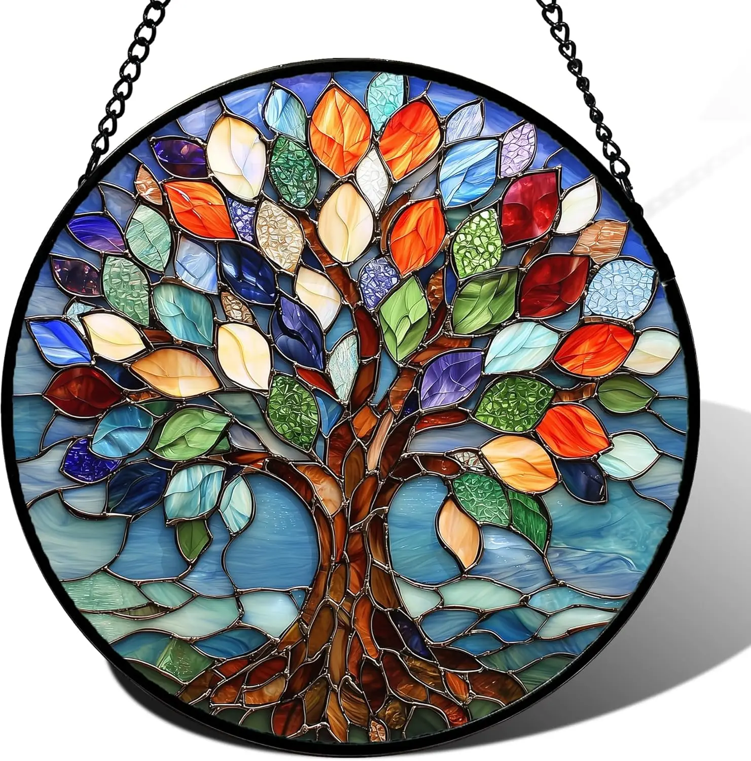 

Colorful Tree of Life Stained Glass Suncatcher Panel, Blue Decor for Women Men Birthday Gift 14.9x14.9 in